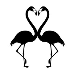 Naklejka premium Two elegant flamingos form a heart, their graceful necks entwined in a timeless embrace, symbolizing love and connection, crafted in striking black and minimalist artistry.