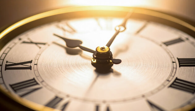 Close Up of Classic Antique Clock Face with Roman Numerals in Warm Golden Light