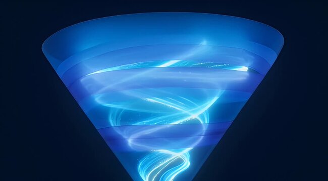 Abstract digital art featuring a cone shape with vibrant blue and white light streams