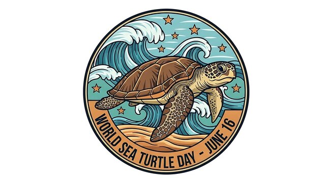Sea turtle swimming in ocean waves badge