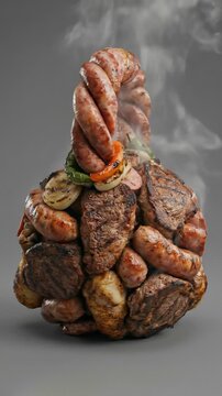 Kettlebell made of grilled meat and sausages isolated on gray background, unhealthy fitness concept, junk food humor, diet failure. Kettlebell is spinning.