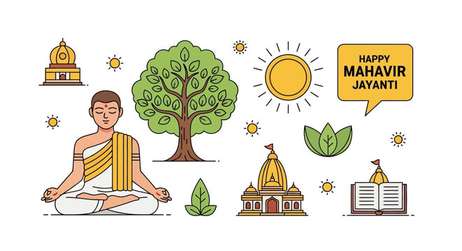 Happy Mahavir Jayanti: Meditating Monk, Temple, Tree, Sun, Lotus - Jain Festival