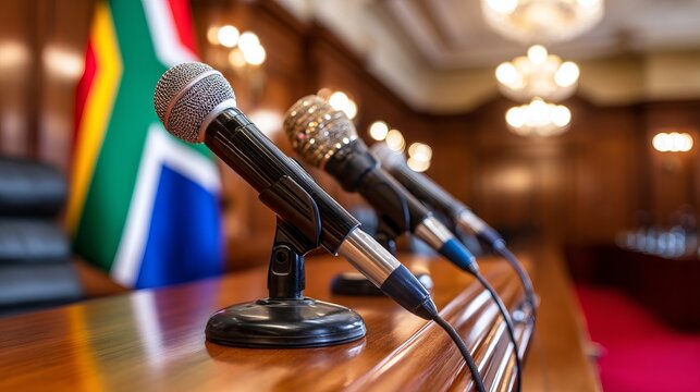 Microphones on Podium Ready for News Announcement in Formal Setting