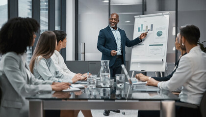 Business meeting with diverse team presenting financial data on a whiteboard with charts and graphs for company growth and strategy