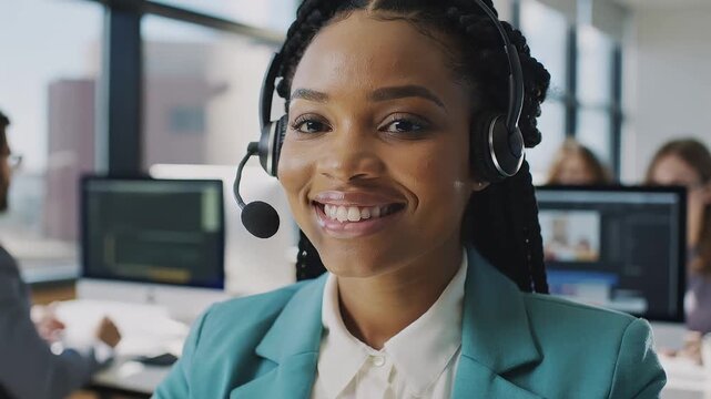 Customer service representative assists clients at call center throughout the day with friendly support