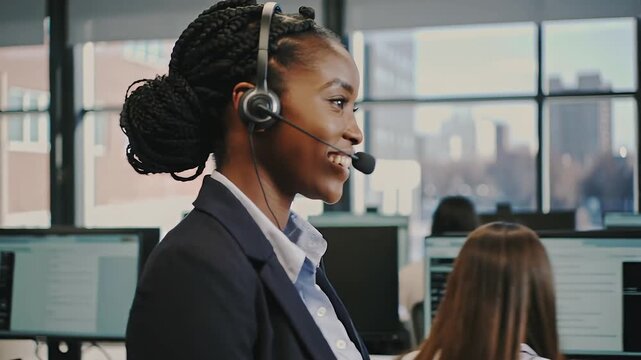 Customer service call center staff assist clients in a busy office setting during working hours