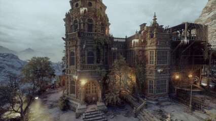 tower entrance and winding path at dusk with scattered lanterns and leafcovered ground, arched doorways and turrets loom against cloudy sky, scene radiates © icetray