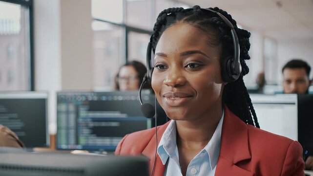 Customer service representatives handle calls in a busy call center during the day