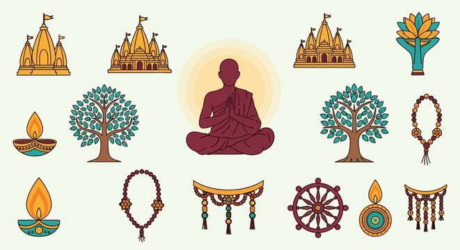 Buddhism symbols and meditation icon set, spiritual enlightenment and peace concept