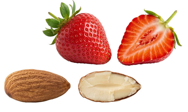 A fresh red strawberry and a sliced strawberry displaying its juicy interior, paired with a whole almond and a split almond showing the pale nut inside the shell. The items are isolated against a blac