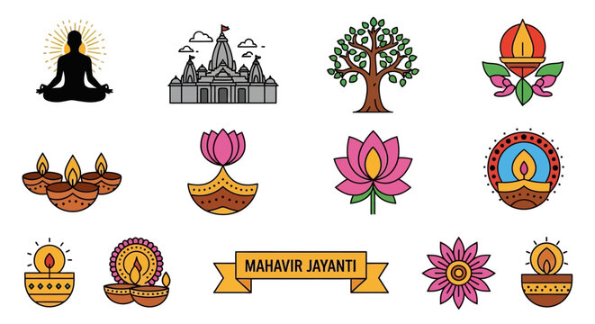 Mahavir Jayanti Icons: Yoga, Temple, Tree, Lotus, Diyas, Flower, Banner