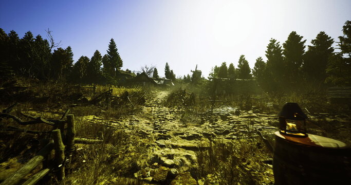 Camp mug and kit on sunlit meadow ground, rusted thermos near low foliage, campsite pause scene with warm glow, hiking break and outdoor refresh
