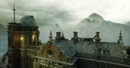 ornate turret facade showing intricate stonework, carved masonry and decorative ornament, close up on architectural detail with aged texture and historic © icetray