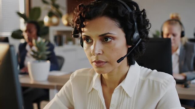 Customer service agents handle calls in a busy call center environment
