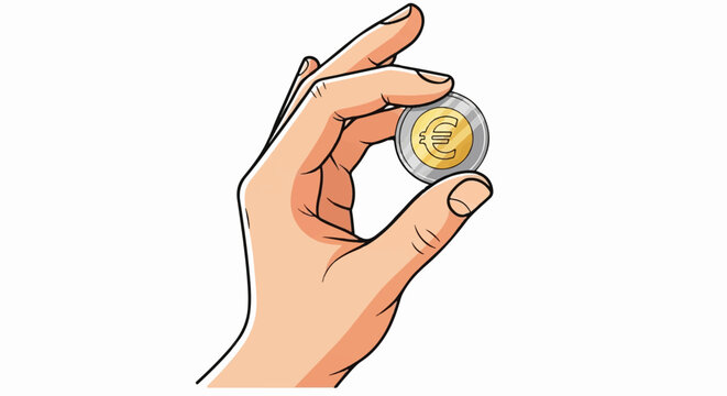 Hand holding a coin between thumb and index finger.