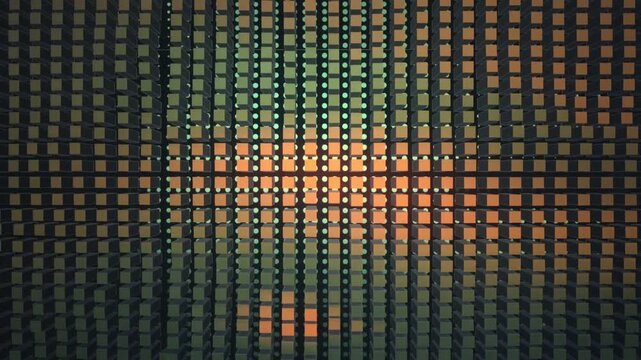 Abstract 3D grid of cubes with glowing particles a mesmerizing dark background filled with an intricate 3D of textured cubes some emitting soft light geometric light technology background pattern