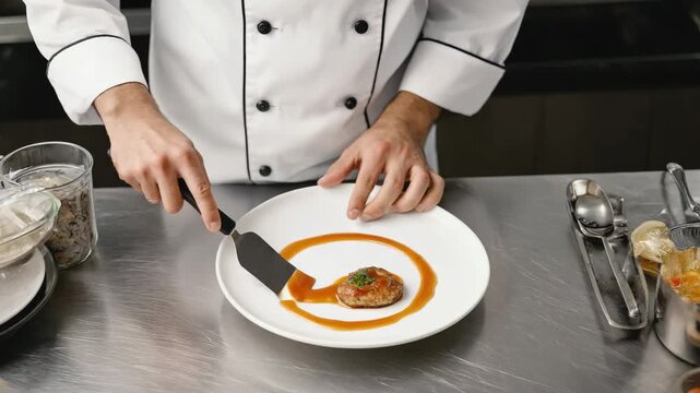  Spatula glides across plate creating clean line, sauce shows realistic viscosity, the male chef lifts tool cleanly