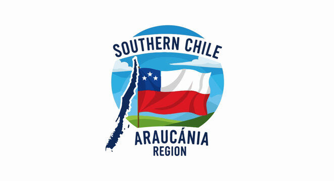 Southern Chile Araucania Region Logo with Chilean Flag and Map Outline.