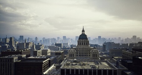 Obraz premium Balanced city view emphasizing symmetry in building structures, An architectural photograph capturing symmetry and balance within cityscape environment