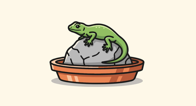 Green Lizard Resting on a Rock in a Terracotta Pot.