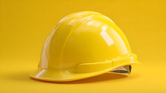 3D stylized semi-real construction safety helmet with smooth curves, bright yellow plastic texture. Slight exaggeration for cartoon feel. Solid yellow background, soft lighting.