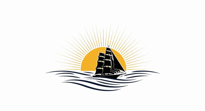 Sailing ship at sunset on the ocean waves logo design.