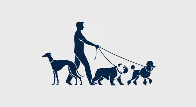 Man walking multiple dogs on leashes showcasing professional pet care.