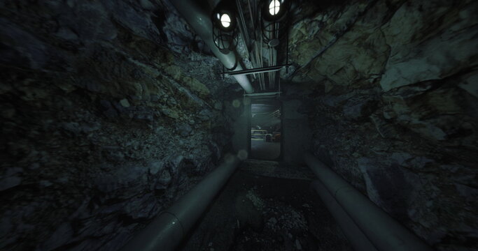 gloomy mechanical pump station in cavern, heavy pipes and gauges surrounded by rock face and dim emergency lights pressure dials, corroded bolts and oily