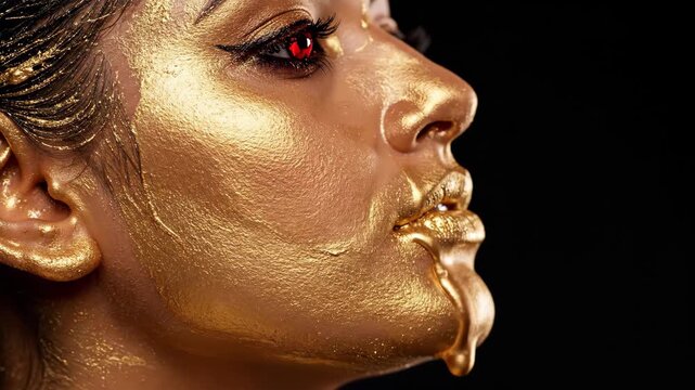Close up Woman with Dripping Gold Makeup and Red Eyes on Black Background 4K