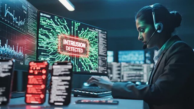 Female professional analyzes data in high-tech control room at night