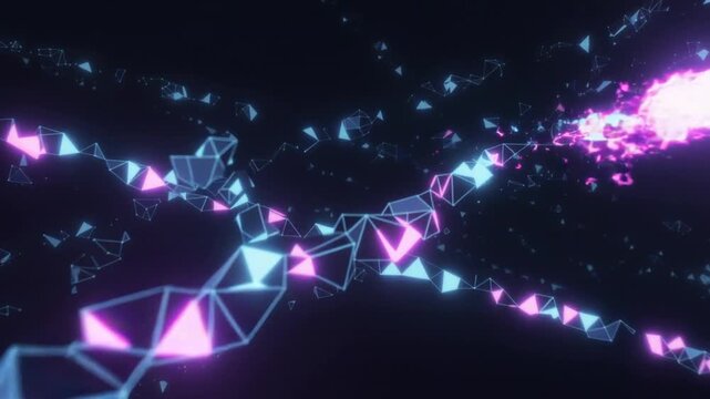 Glowing digital network of geometric shapes and lines in abstract space an intricate, evolving web of luminous triangles and interconnected pulses with bright pink and cyan light against