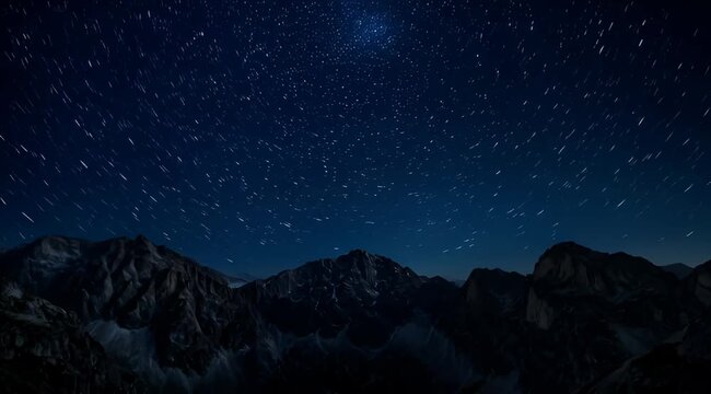 Enchanting night sky over majestic mountain range with star trails effect