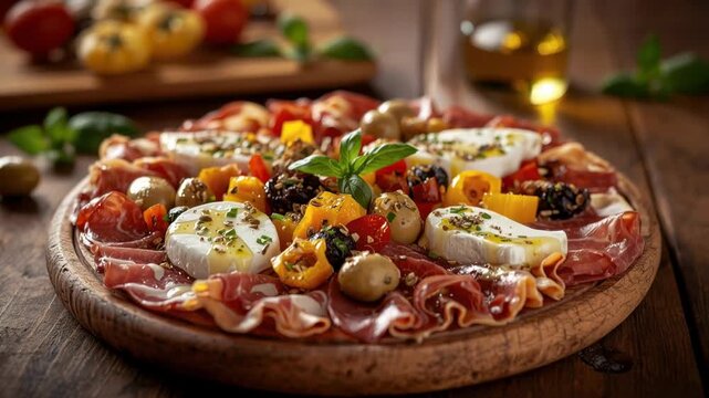 Creamy goat cheese, olive, cherry tomato, cured meat on wooden board with basil savory slices