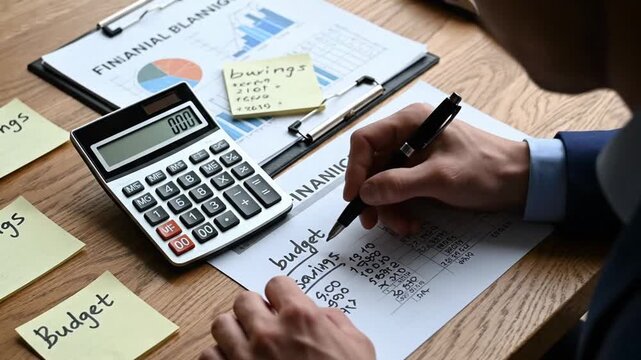 Focused person calculating taxes with calculator and documents on an office desk, high-angle shot.