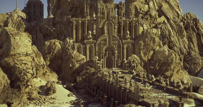 Massive carved gate towering over sand, ornate reliefs and columns form imposing portal, sunlit textures highlight craftsmanship and symmetry, scene exudes