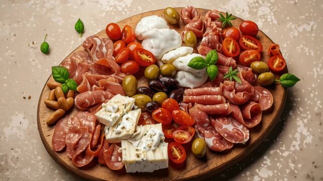 Italian charcuterie board with cured meat, cheese, olive, cherry tomato, burrata and basil appetizer