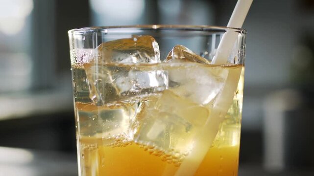 Refreshing cold drink with ice cubes and straw in a glass close-up of a tall filled with a golden beverage a white straw condensation