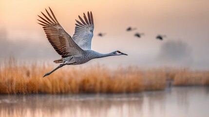 Obraz premium Sandhill Crane Takes Flight Over Serene Wetland at Dawn