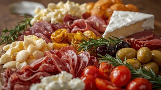 Artisan charcuterie board with charcuterie cheese salami olive cherry tomato rosemary cozy