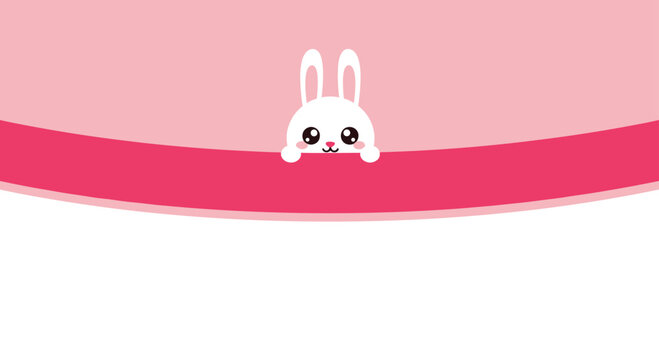 A small white cartoon rabbit peeks over a curved dark pink band against a light pink and white background.