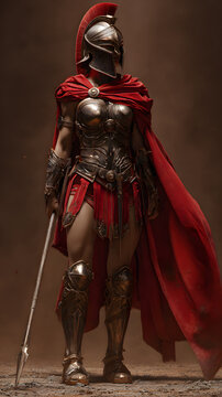 3D stylized semi-real female Spartan warrior with defined athletic build. Red cape, leather armor elements, spear resting on ground. Strong upright pose. Solid bronze background, soft rim lighting.