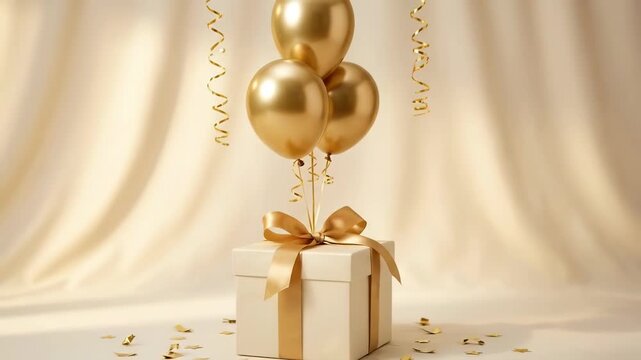 White Gift Box with Three Gold Balloons and Confetti on Silk Background