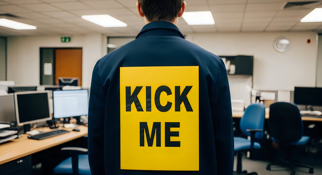 Man wearing 'kick me' sign on april fool's day prank in office setting