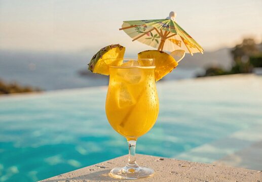 Tropical Cocktail on Infinity Pool Edge with Turquoise Water and Mediterranean Sea Horizon