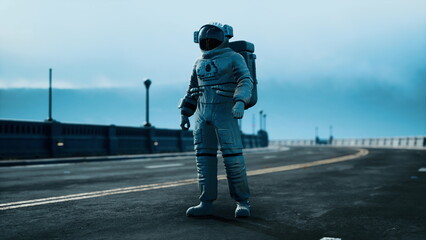 A lone astronaut stands on an empty road under a cloudy sky, surrounded by an otherworldly atmosphere. The scene evokes feelings of isolation and curiosity about the universe. © icetray