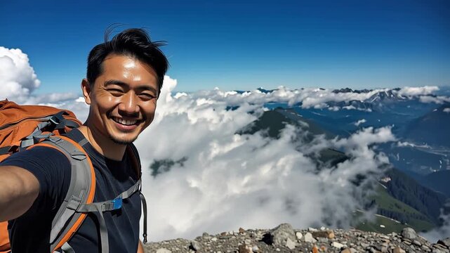 Smiling hiker backpack on mountain summit with cloud filled panoramic alpine valley vista