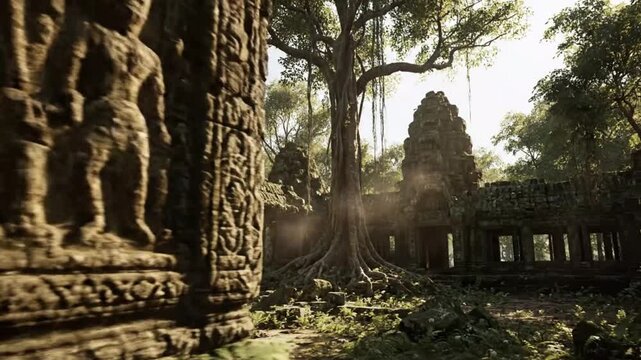 Ancient stone temple ruins in jungle with intricate carvings in warm golden lighting for travel brochure