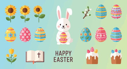 Fototapeta premium Happy Easter Bunny, Eggs, Flowers, and Bible Illustration - Festive Spring Holiday Celebration
