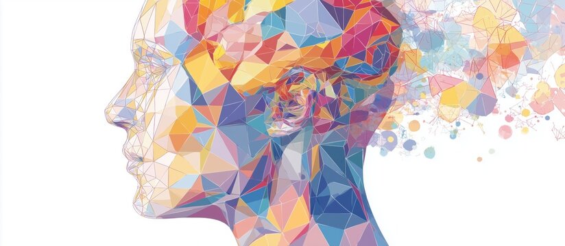 abstract polygonal human head with a colorful brain on a white background illustration of an artificial intelligence concept and digital technology design for a banner or poster template Generative AI