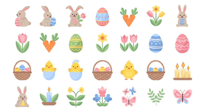 Easter Icons Collection: Bunnies, Eggs, Chicks, Carrots, Flowers, Baskets